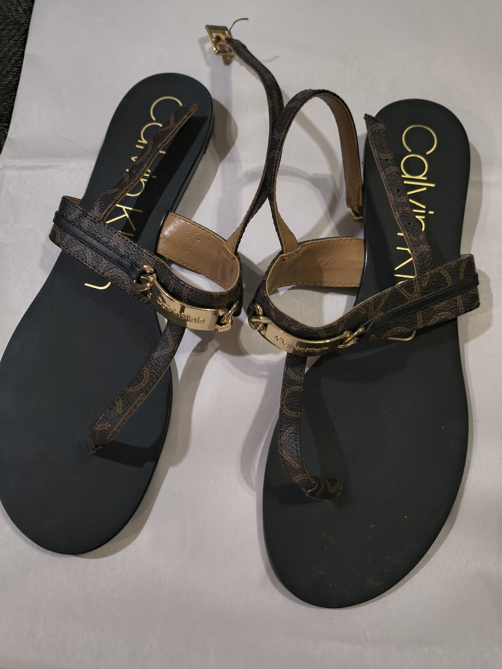 Calvin Klein Brown Logo Strap Flat Sandals - Brown